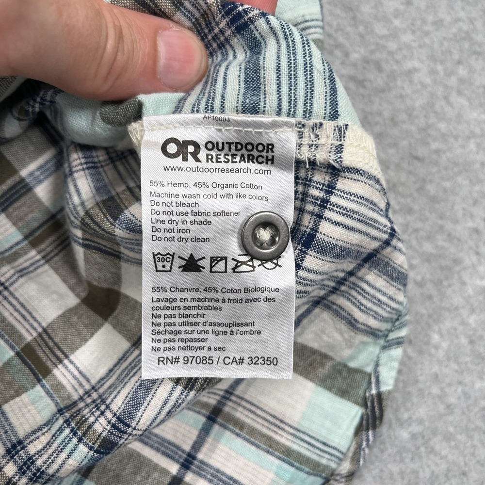 Outdoor Research Weisse Shirt Mens M Teal Brown Plaid Short Sleeve Button Hemp - Picture 11 of 12